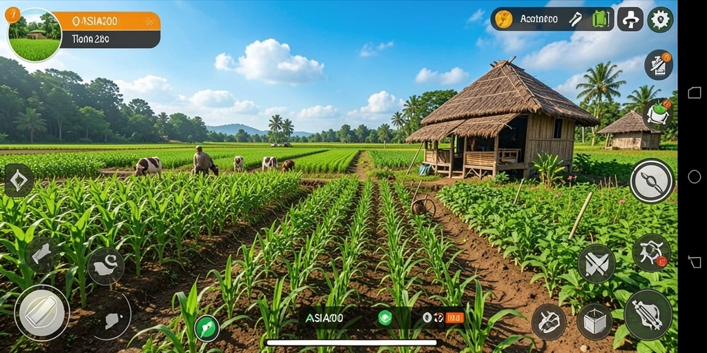 Tampilan gameplay ASIA200 saat mengolah lahan pertanian.