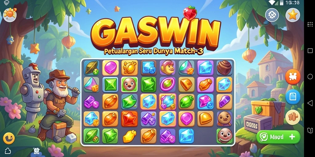 Screenshot menunjukkan gameplay GASWIN dengan tingkat keseruan mencocokkan permata.