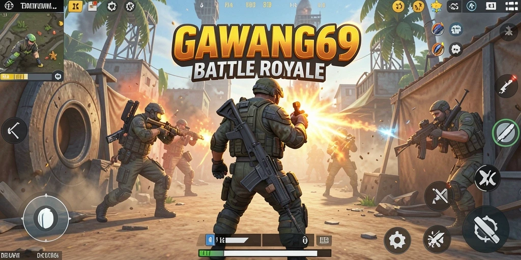 Screenshot utama GAWANG69 menampilkan aksi permainan Battle Royale yang intens.
