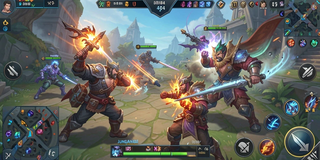 Tampilan gameplay seru dalam JURAGAN404, pertarungan intens di arena.