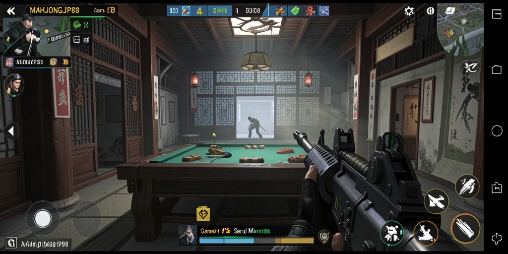 Tampilan aksi seru dalam game FPS MAHJONGJP88.