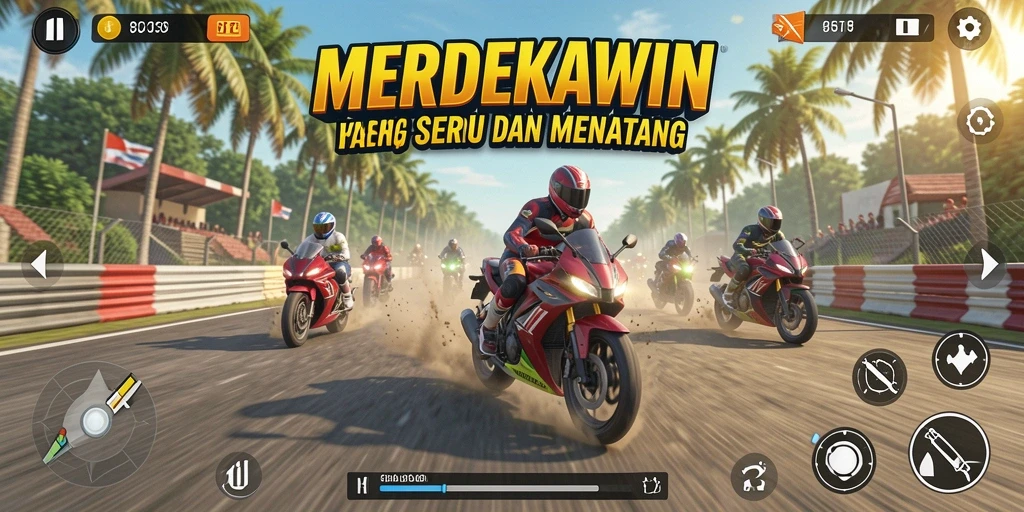 Screenshot gameplay MERDEKAWIN menampilkan balapan motor yang mendebarkan.