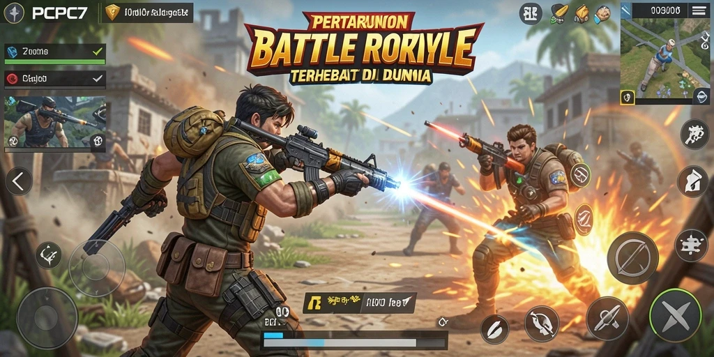 Tangkapan layar utama <strong>PCPC7</strong> menampilkan aksi seru dalam pertempuran Battle Royale.