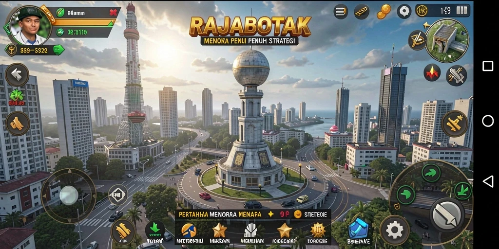 Gameplay seru dalam RAJABOTAK dengan menara berstrategi.