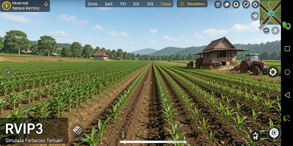 Tampilan screenshot gameplay <strong>RVIP3</strong> yang menunjukkan suasana pertanian yang indah.