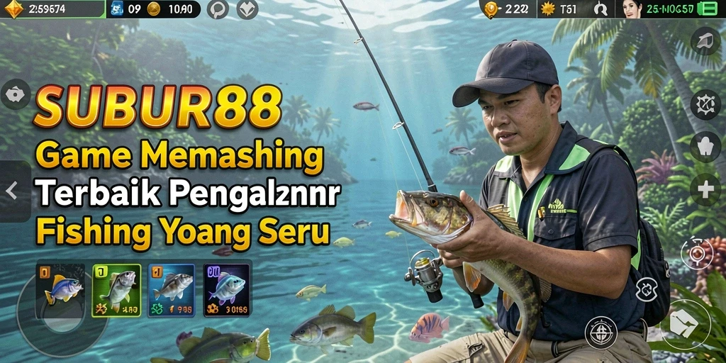 Screenshot gameplay SUBUR88 menampilkan aksi seru saat memancing di danau yang indah.