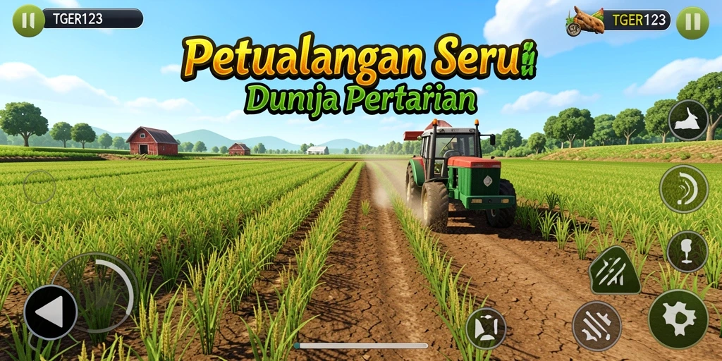 Screenshot gameplay TGER123 menampilkan ladang yang subur dan petani yang aktif.
